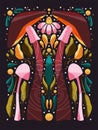 Mushrooms and flowers motifs in symmetry art style. Colorful vector illustration with floral elements, mushrooms and stars