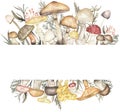 Mushrooms frame, Watercolor hand drawn fungi border illustration, Fungus wreath, Forest Leaves and florals arrangement, Autumn