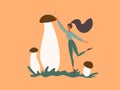 Mushrooms glade isolated vector illustration with young woman picking mushroom standing in front of big boletus Royalty Free Stock Photo