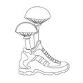 Mushrooms grow out of running shoes. Line art