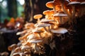 Mushrooms growing on a dead tree in the forest in autumn, Mushroom cultivation in the wild, close-up, selective focus, AI Royalty Free Stock Photo