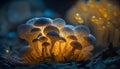 Mushrooms growing in the forest at night, close-up