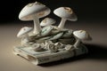 Mushrooms growing on Money - Isolated Backdrop - Generative Ai Illustration