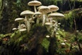 mushrooms growing on mossy tree trunk