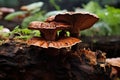 Mushrooms growing on a stump in the forest. Selective focus, Lingzhi mushroom, Ganoderma lucidum Lingzhi mushroom, AI Generated