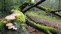 Mushrooms growing on a tree covered in moss