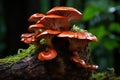 Mushrooms growing on a tree in the forest, closeup, Lingzhi mushroom, Ganoderma lucidum Lingzhi mushroom, AI Generated