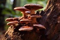 Mushrooms growing on a tree trunk in the forest in autumn, Lingzhi mushroom, Ganoderma lucidum Lingzhi mushroom, AI Generated