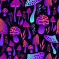 Mushrooms hallucinogenic trippy psychedelic seamless pattern. Neon orange violet blue gradient colorful mushrooms.