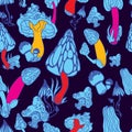 Mushrooms with hand drawn different shape. Stylized magic psychedelic mushrooms seamless pattern. Pink, blue, dark background.