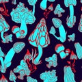 Mushrooms with hand drawn different shape. Stylized magic psychedelic mushrooms seamless pattern. Red, blue colors background.