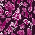 Mushrooms with hand drawn different shape. Stylized magic psychedelic mushrooms seamless pattern. Pink, white, burgundy background