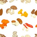 Mushrooms isolated flat seamless pattern. Vector edible champignon and boletus