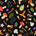 Mushrooms and Leafs Seamless Pattern on Black Background. Vector Royalty Free Stock Photo