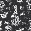 Mushrooms are like planets. Space illustration. Seamless surreal pattern.