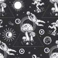 Mushrooms are like planets. Space illustration. Seamless surreal pattern.