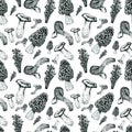 5001 Mushrooms Morel, Enoki, Chanterelle, Eringi Ink Hand Drawn Seamless Pattern Royalty Free Stock Photo