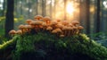 Mushrooms and moss growing on tree bark with soft sunlight filtering through forest Royalty Free Stock Photo