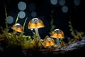 mushrooms on a mossy branch in the dark