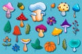 Mushrooms pixel art set. Fungi, forest plants collection. 8-bit sprite. Game development, mobile app. Isolated vector illustration