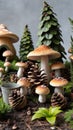 Mushrooms, Plants, and Pine Cones Form a Natural Forest Scene Royalty Free Stock Photo