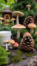 Mushrooms, Plants, and Pine Cones Form a Natural Forest Scene Royalty Free Stock Photo