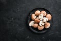 Mushrooms in a plate. Champignons on the old background. Top view. Royalty Free Stock Photo