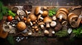 Mushrooms porcini on a wooden background. Mushrooms, vegetables and spices.