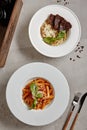 Mushrooms Risotto with Beef and Tomato Penne Pasta Royalty Free Stock Photo