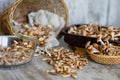 Mushrooms scattered on the table Royalty Free Stock Photo