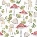 2556 mushrooms, seamless pattern, watercolor illustration, image of mushrooms and leaves, ornament for fabric and wallpaper, wrapp