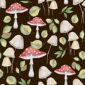 2557 mushrooms, seamless pattern, watercolor illustration, image of mushrooms and leaves, ornament for fabric and wallpaper, wrapp