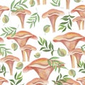 2559 mushrooms, seamless pattern, watercolor illustration, image of mushrooms and leaves, ornament for fabric and wallpaper, wrapp