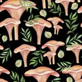 2560 mushrooms, seamless pattern, watercolor illustration, image of mushrooms and leaves, ornament for fabric and wallpaper, wrapp