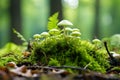 Mushrooms sprouting from mosscovered ground in a forest Royalty Free Stock Photo