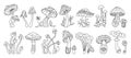 Mushrooms stylizes hippie doodle linear set mystical boho magic poisonous edible tattoo vector