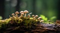 Mushrooms thriving on decomposing log picture Royalty Free Stock Photo