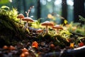 Mushrooms of various shapes and sizes emerge from the damp forest floor. AI Generated