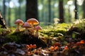 Mushrooms of various shapes and sizes emerge from the damp forest floor. AI Generated
