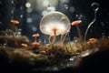 mushrooms and water droplets on a mossy surface