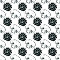 5007 Mushrooms White Button Cut Half, Portabella Ink Hand Drawn Seamless Pattern Royalty Free Stock Photo