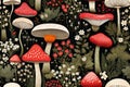 mushrooms and wildflowers on a black background