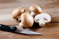 Mushrooms on wood, knive, chopped Royalty Free Stock Photo