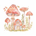 The Mushroon House and the Fairy Garden in watercolor