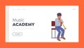 Music Academy Landing Page Template. Little Boy Playing Bassoon Blow Musician Composition. Child Character Playing