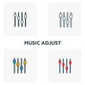 Music Adjust icon set. Four elements in diferent styles from audio buttons icons collection. Creative music adjust icons filled,