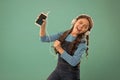 Music application. Best music apps for free. Enjoy perfect sound. Girl child listen music modern headphones and