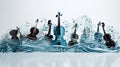 Music art poster. Notes, musical instruments, violins, birds fly in waves of music. Design for live concerts, festivals