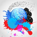 Music Background with Discoball, Speakers and Spots - Vector Royalty Free Stock Photo