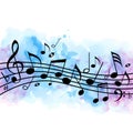 Music background with notes and blue watercolor texture Royalty Free Stock Photo
